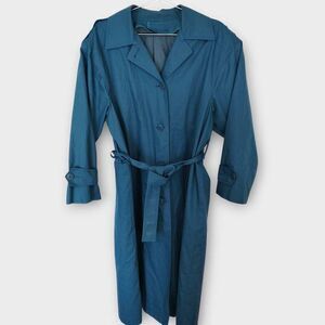 London Fog Womens Trench Coat Sz 12p Long Teal Cotton Belted Lagenlook‎ Raincoat